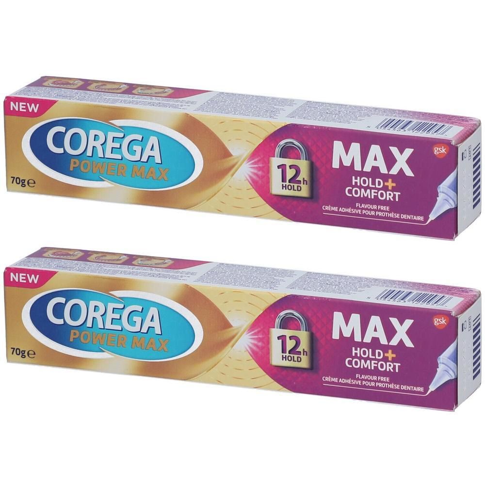 Twee tubes Corega Max Hold + Comfort kleefcrème voor gebitsprotheses, 70g.