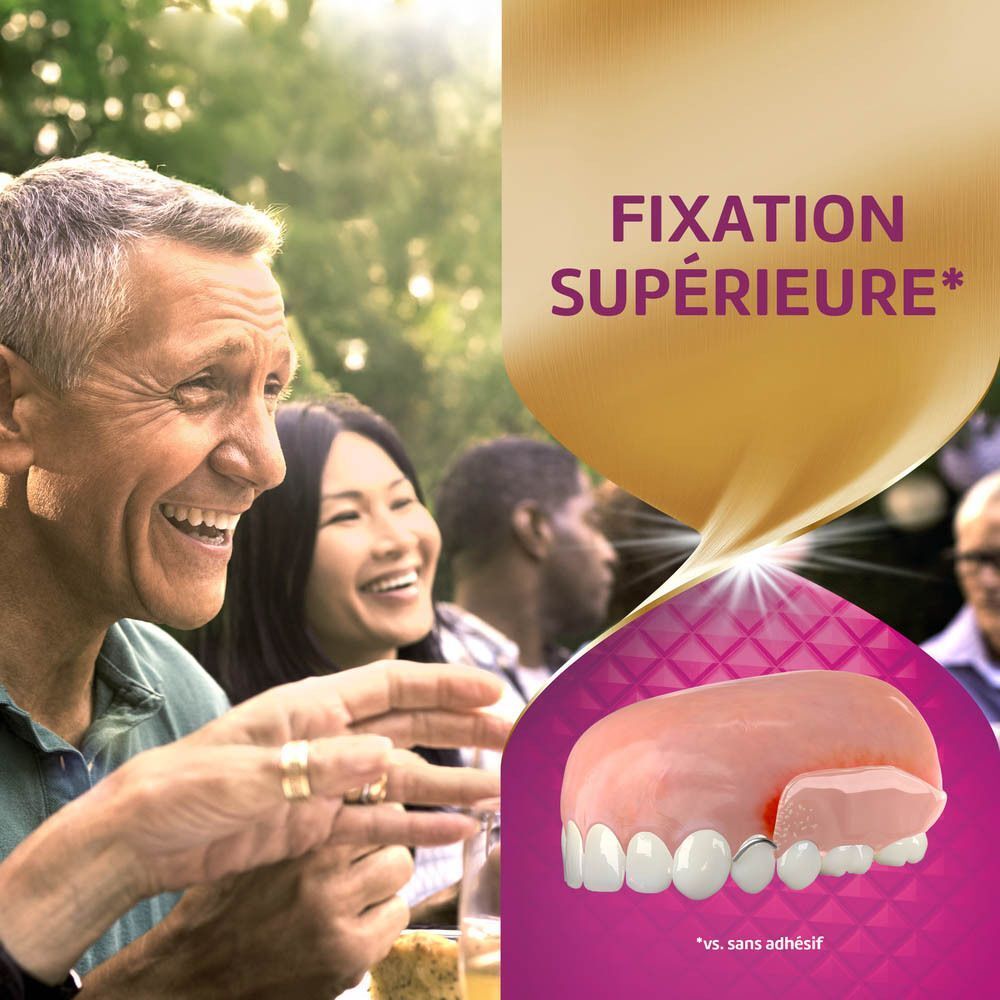 Personnes souriantes en extérieur. Illustration d'une prothèse dentaire avec texte: Fixation supérieure.