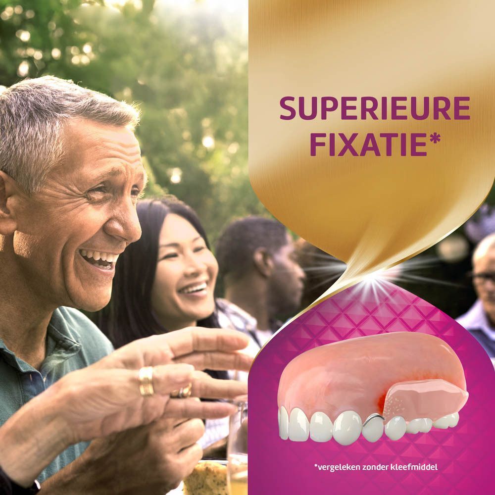Lachende mensen buiten. Illustratie van een kunstgebit met tekst: Superieure fixatie.