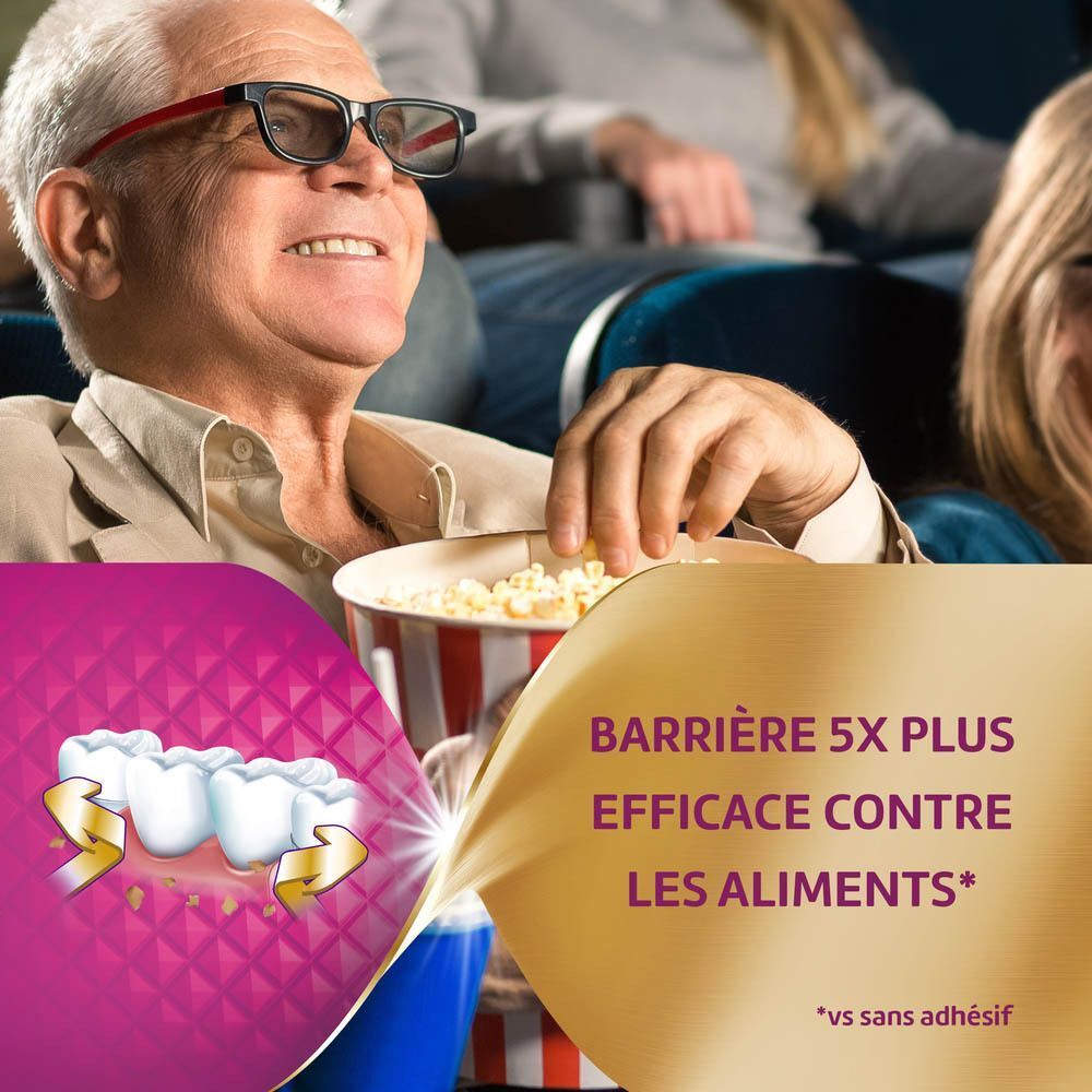 Homme au cinéma avec pop-corn. Illustration de dents avec texte: Barrière 5X plus efficace contre les aliments.