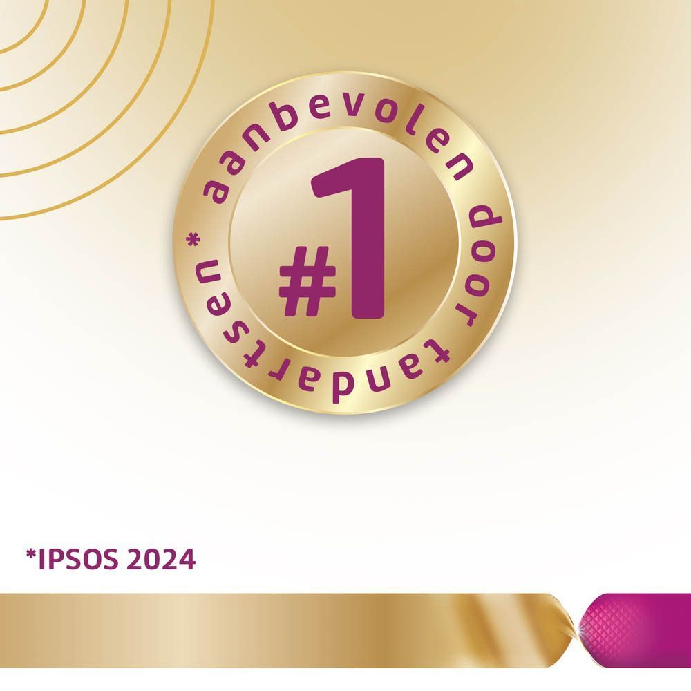 Gouden medaille met nummer 1 en tekst: Aanbevolen door tandartsen. Ipsos 2024.