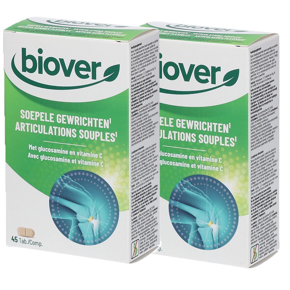 Twee dozen "biover". Tekst: "SOEPELE GEWRICHTEN ARTICULATIONS SOUPLES". Met glucosamine en vitamine C. 45 tabletten.