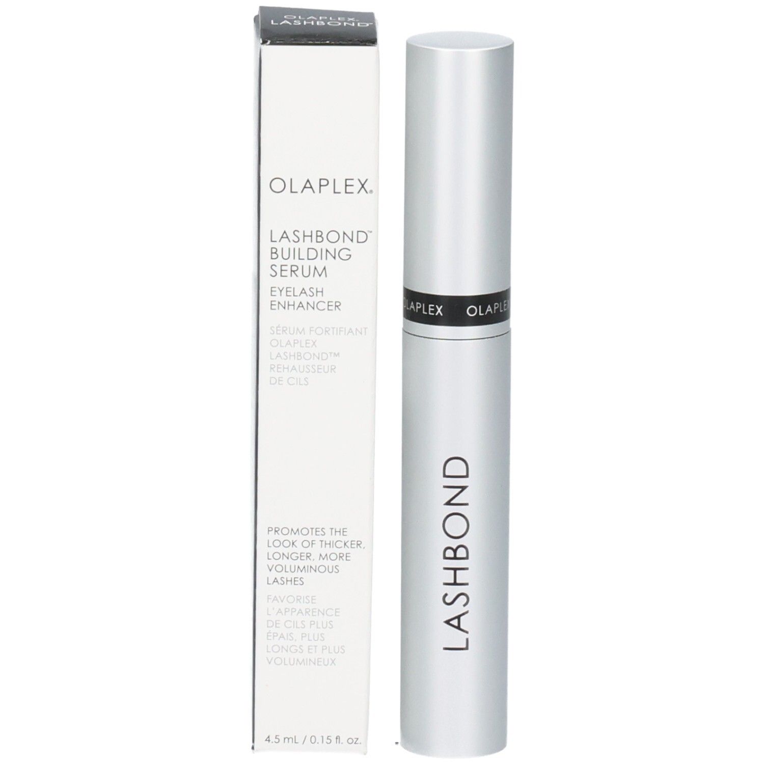 Sérum fortifiant pour cils OLAPLEX Lashbond dans son emballage argenté avec boîte.