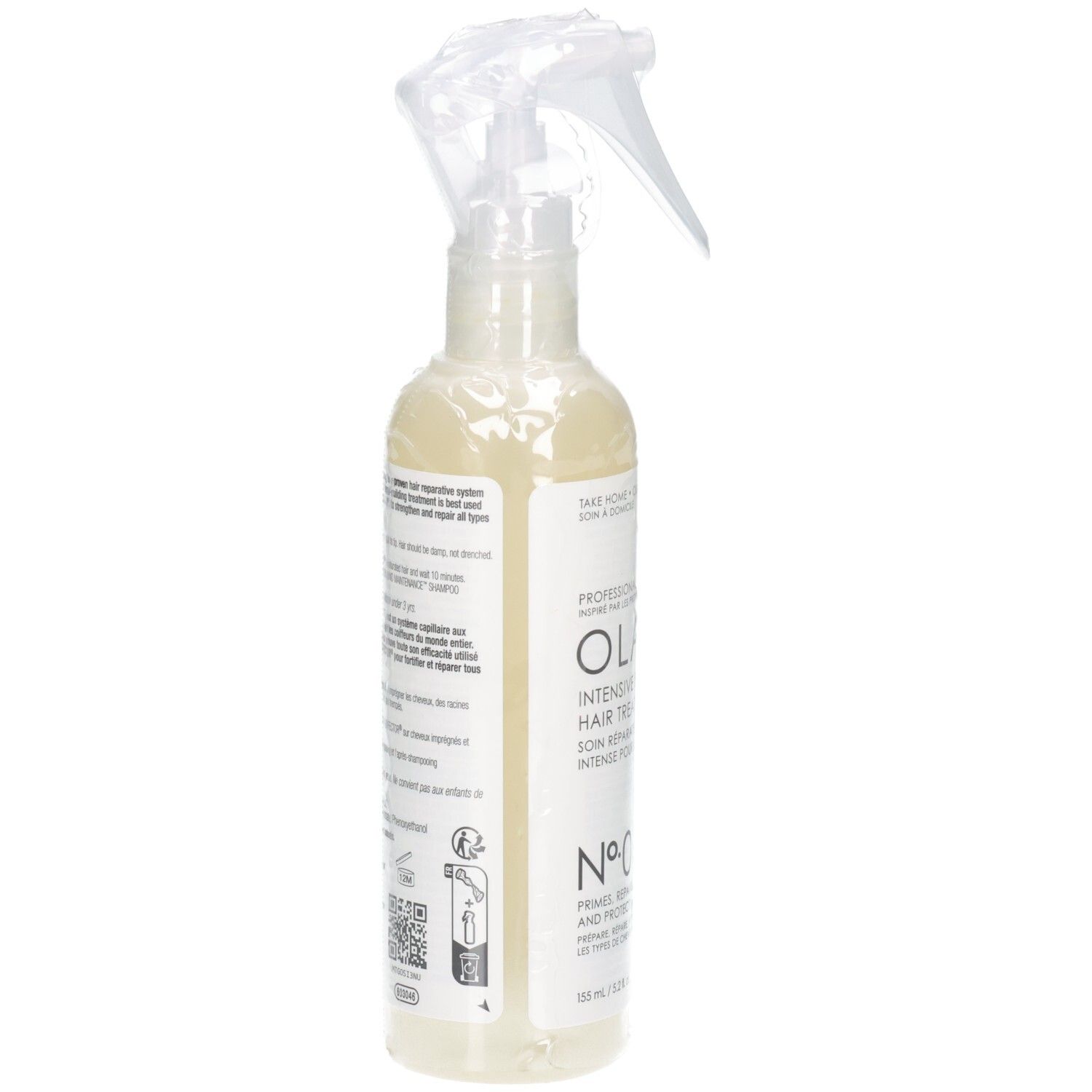 Achterkant van de Olaplex Nº.0 spuitfles met gedetailleerde gebruiksinstructies.