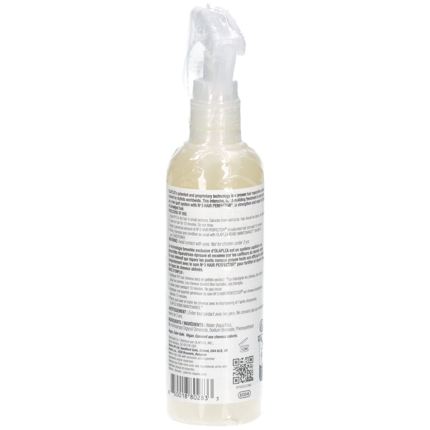 Achterkant van de Olaplex Nº.0 spuitfles met barcode en ingrediënten.