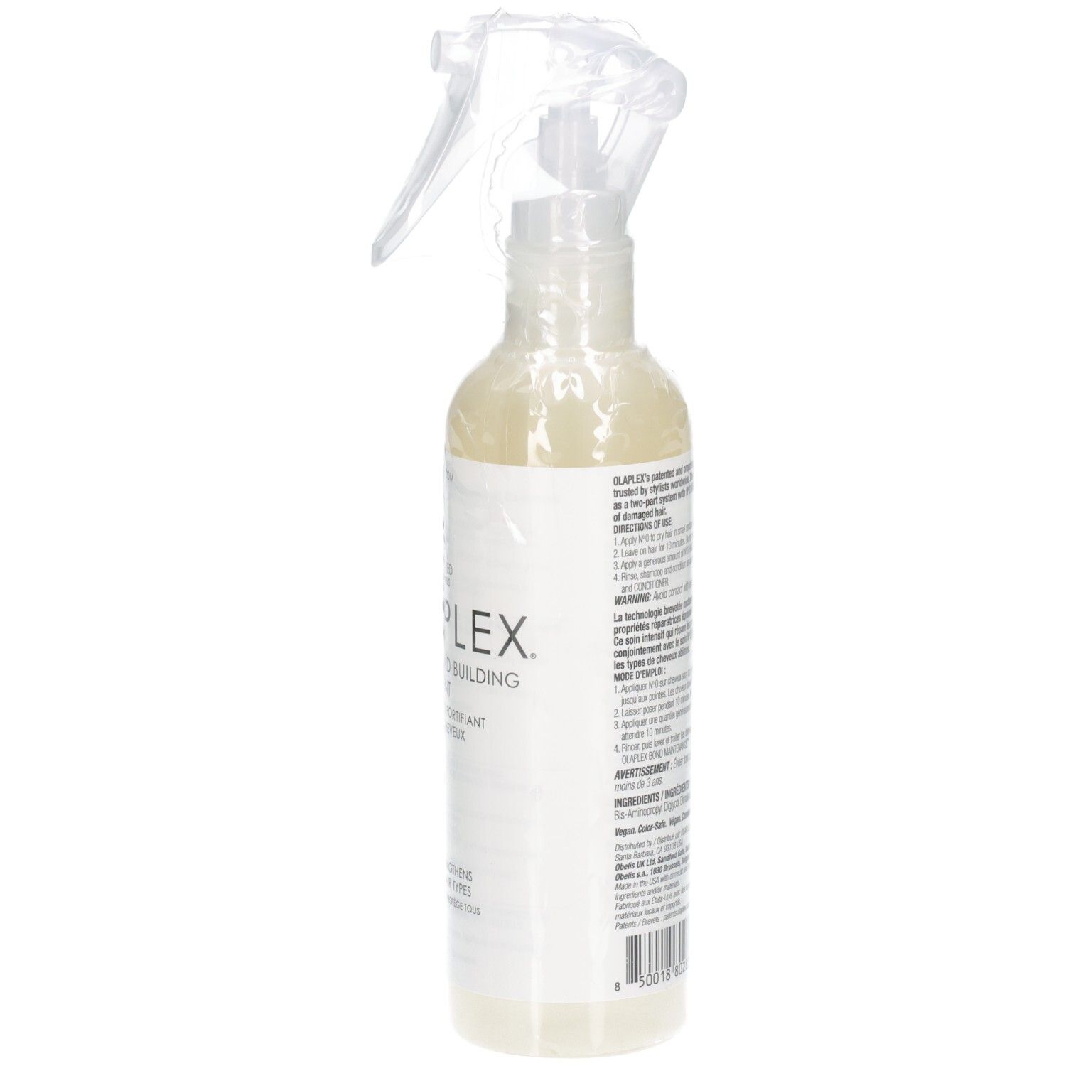 Zijaanzicht van de Olaplex Nº.0 spuitfles met etiket en sproeikop.