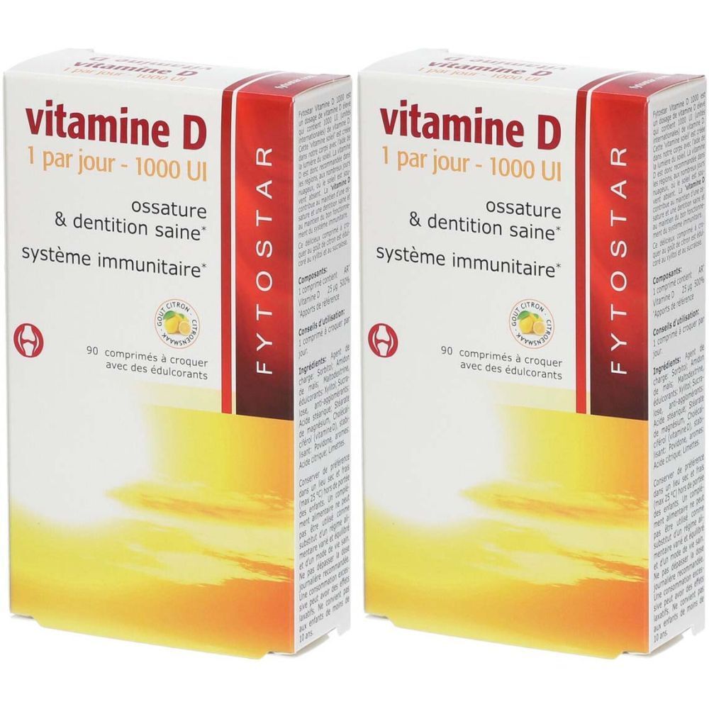 Twee dozen vitamine D. Opschrift: 1 par jour - 1000 UI, ossature & dentition saine, système immunitaire. Merk: FYTOSTAR.