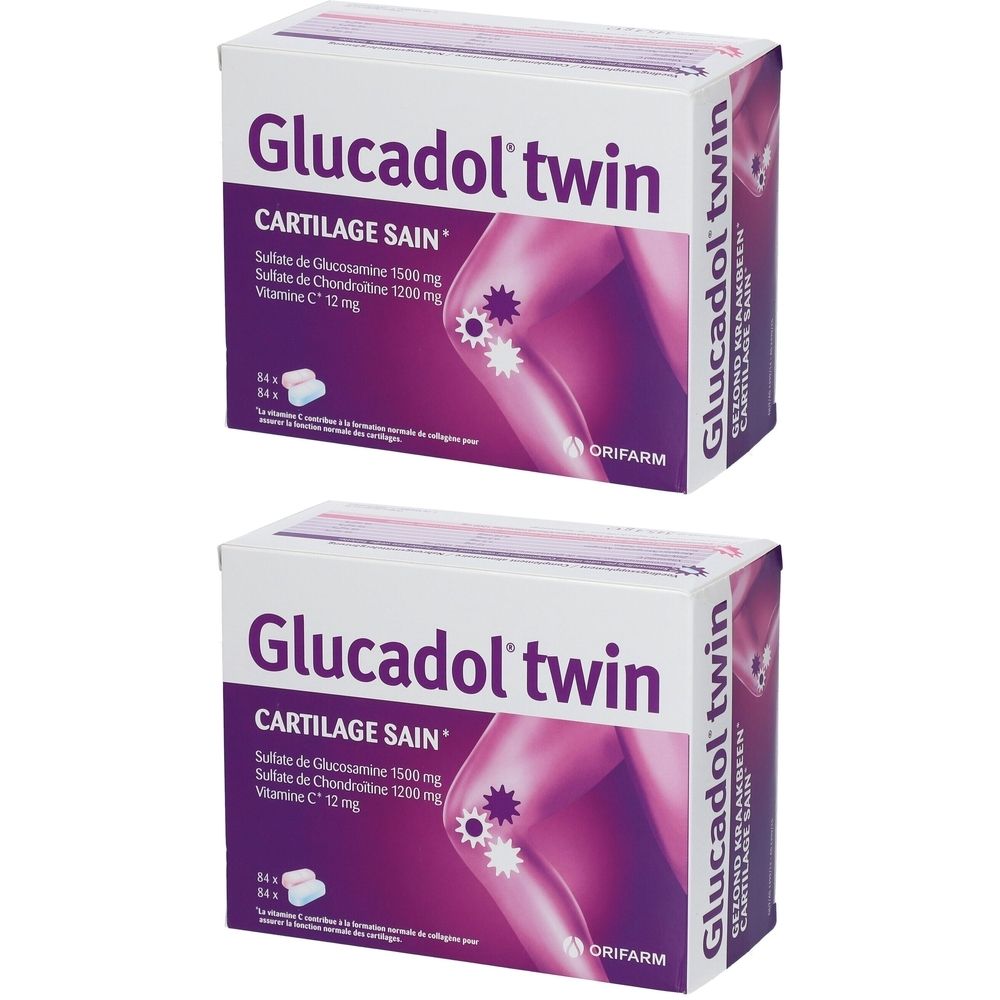 Deux boîtes de Glucadol twin. Inscription: CARTILAGE SAIN. Contient de la glucosamine, de la chondroïtine et de la vitamine C. Marque: ORIFARM. Emballage blanc et violet.