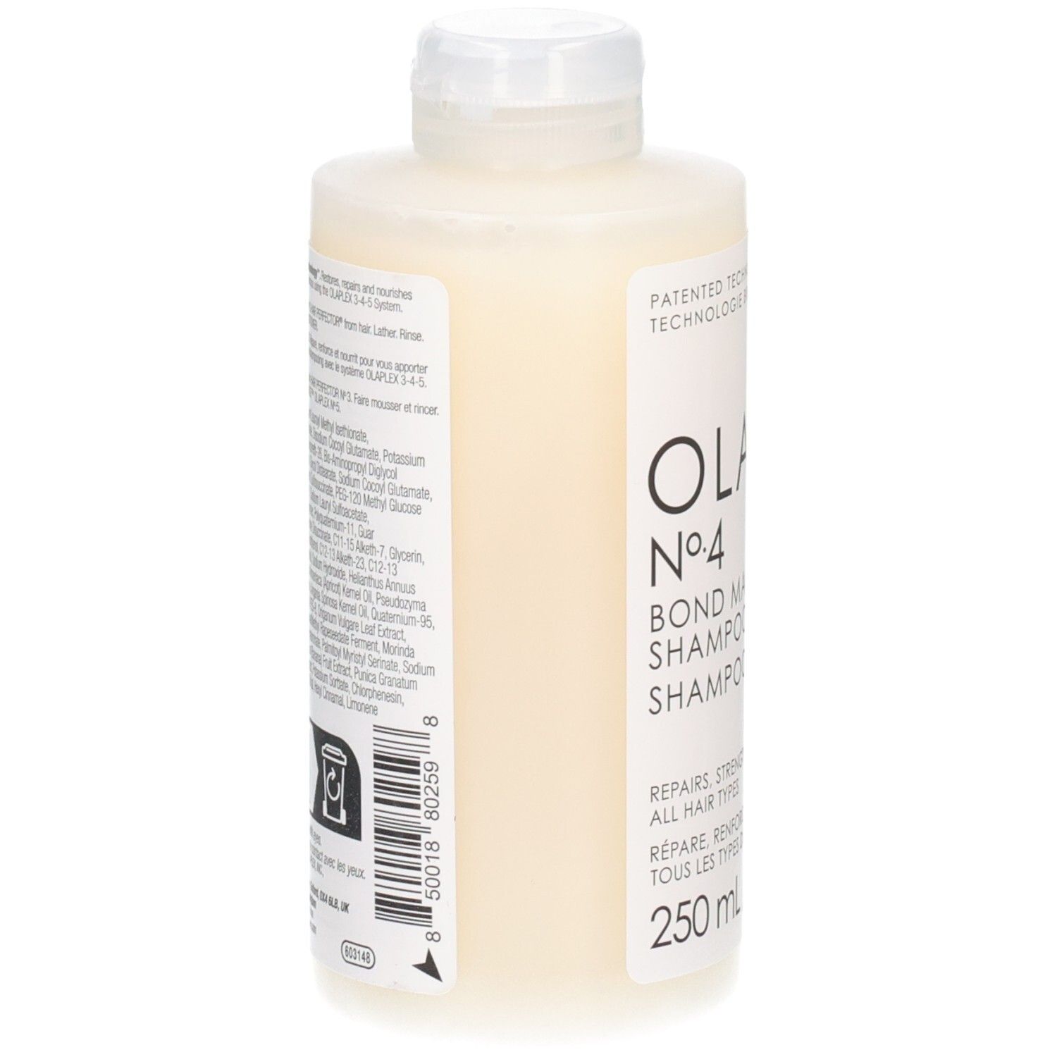 Fles OLAPLEX No. 4 Bond Maintenance shampoo, 250 ml. Witte fles met witte fliptop dop.
