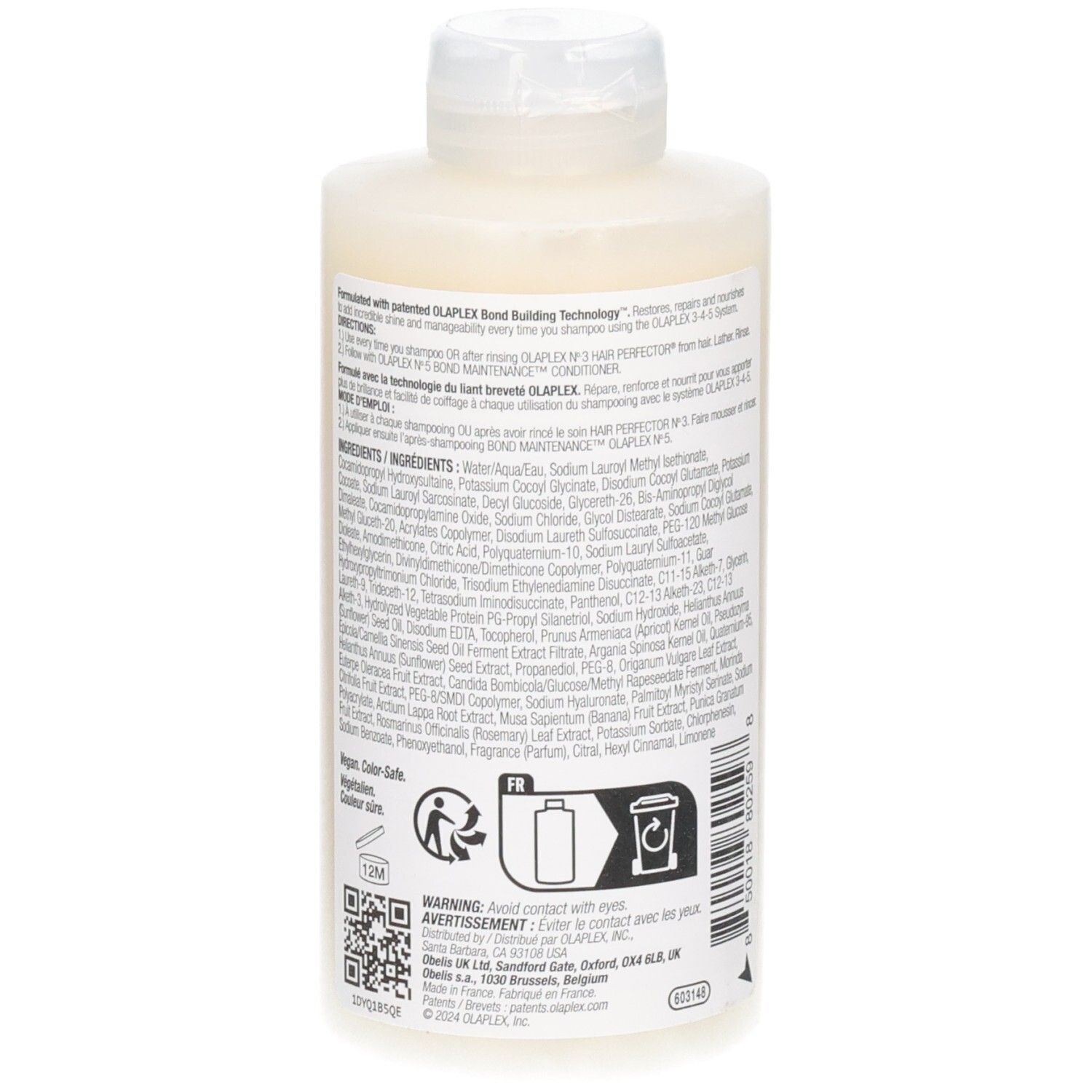 Achterkant van een fles OLAPLEX No. 4 Bond Maintenance shampoo met ingrediëntenlijst en instructies.