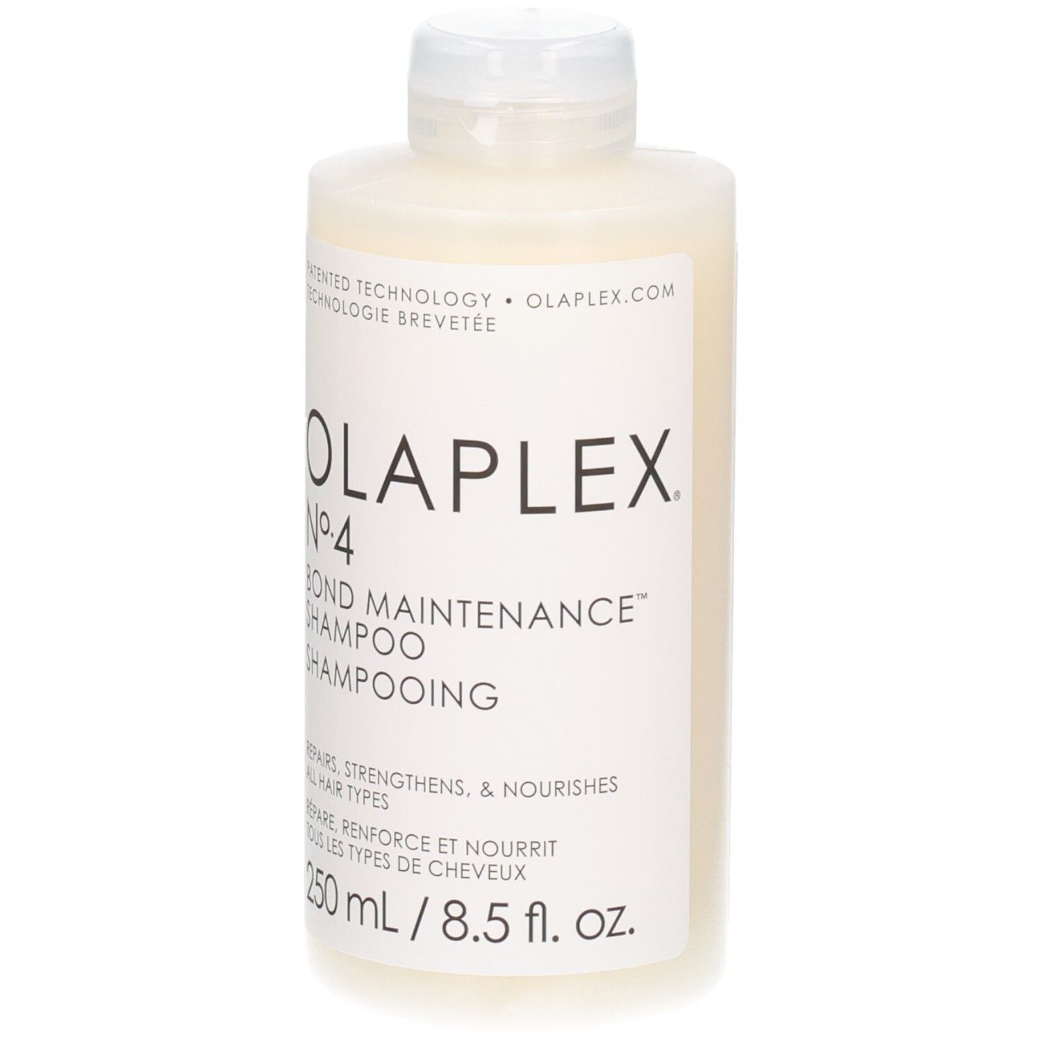 Fles OLAPLEX No. 4 Bond Maintenance shampoo, 250 ml. Witte fles met witte fliptop dop en zwart label.