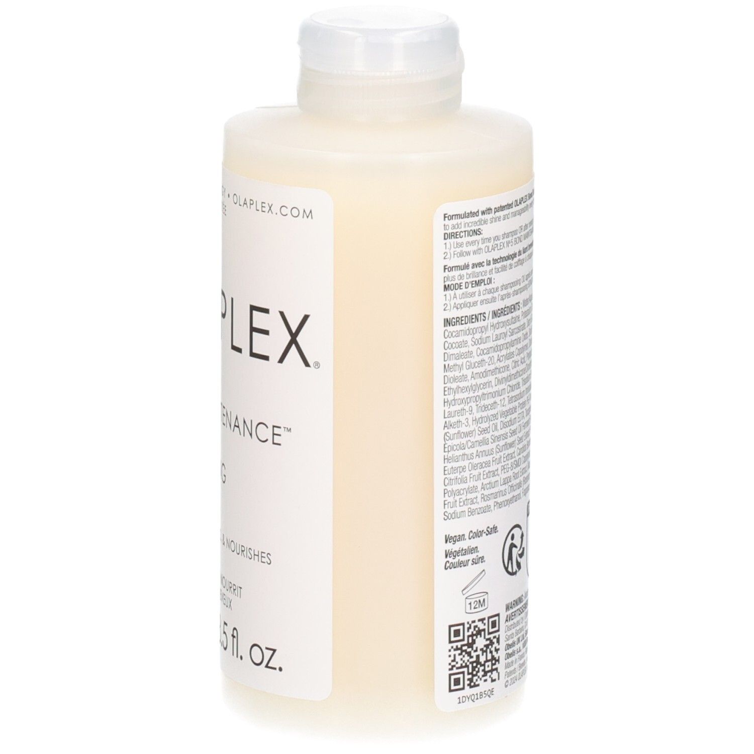Zijaanzicht van een fles OLAPLEX No. 4 Bond Maintenance shampoo. Witte fles met witte fliptop dop.