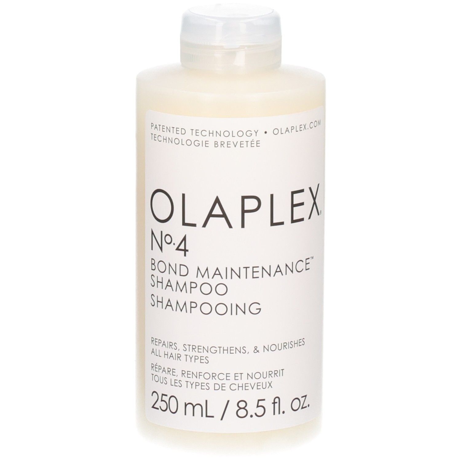 Fles OLAPLEX No. 4 Bond Maintenance shampoo, 250 ml. Witte fles met witte fliptop dop en zwart label.