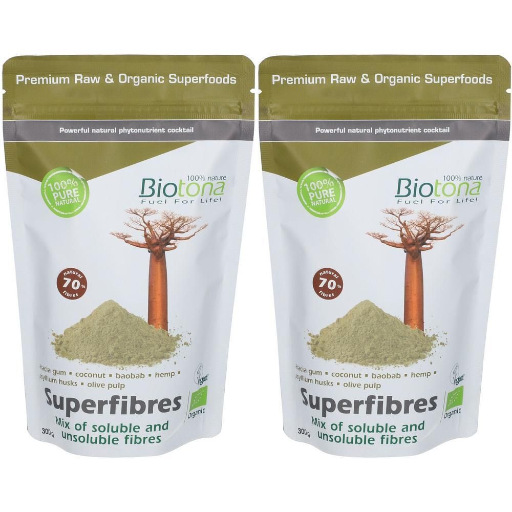 Twee zakjes Biotona Superfibres. Witte zakjes met groene opdruk. Bevat een mix van oplosbare en onoplosbare vezels.