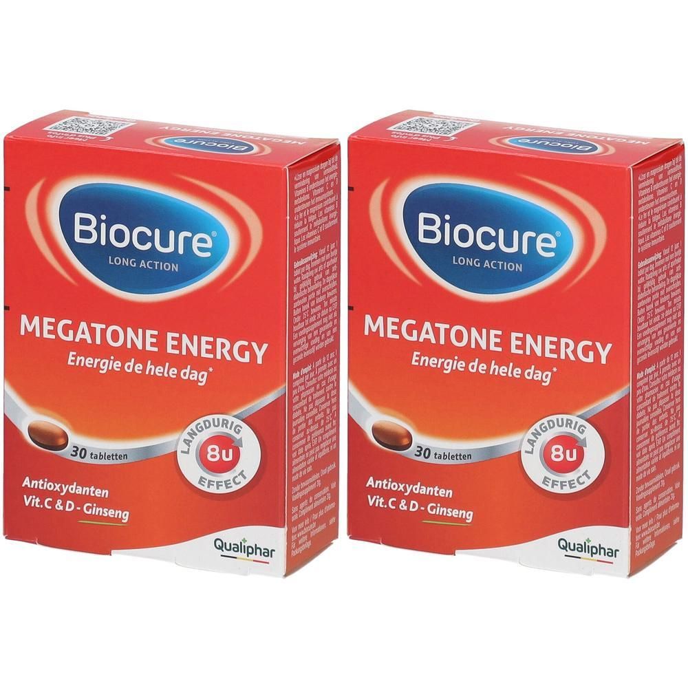 Deux boîtes rouges "Biocure Megatone Energy". Contient 30 comprimés. Inscription: Antioxydants, Vit. C & D, Ginseng.