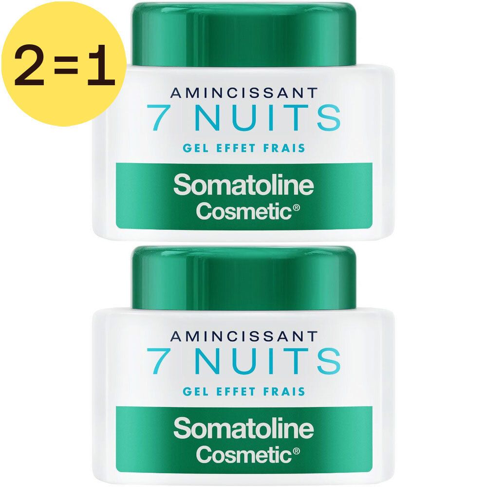 Twee witte potten met groene deksels. Opschrift: 7 Nuits, Somatoline Cosmetic. Gele cirkels met "2=1". 