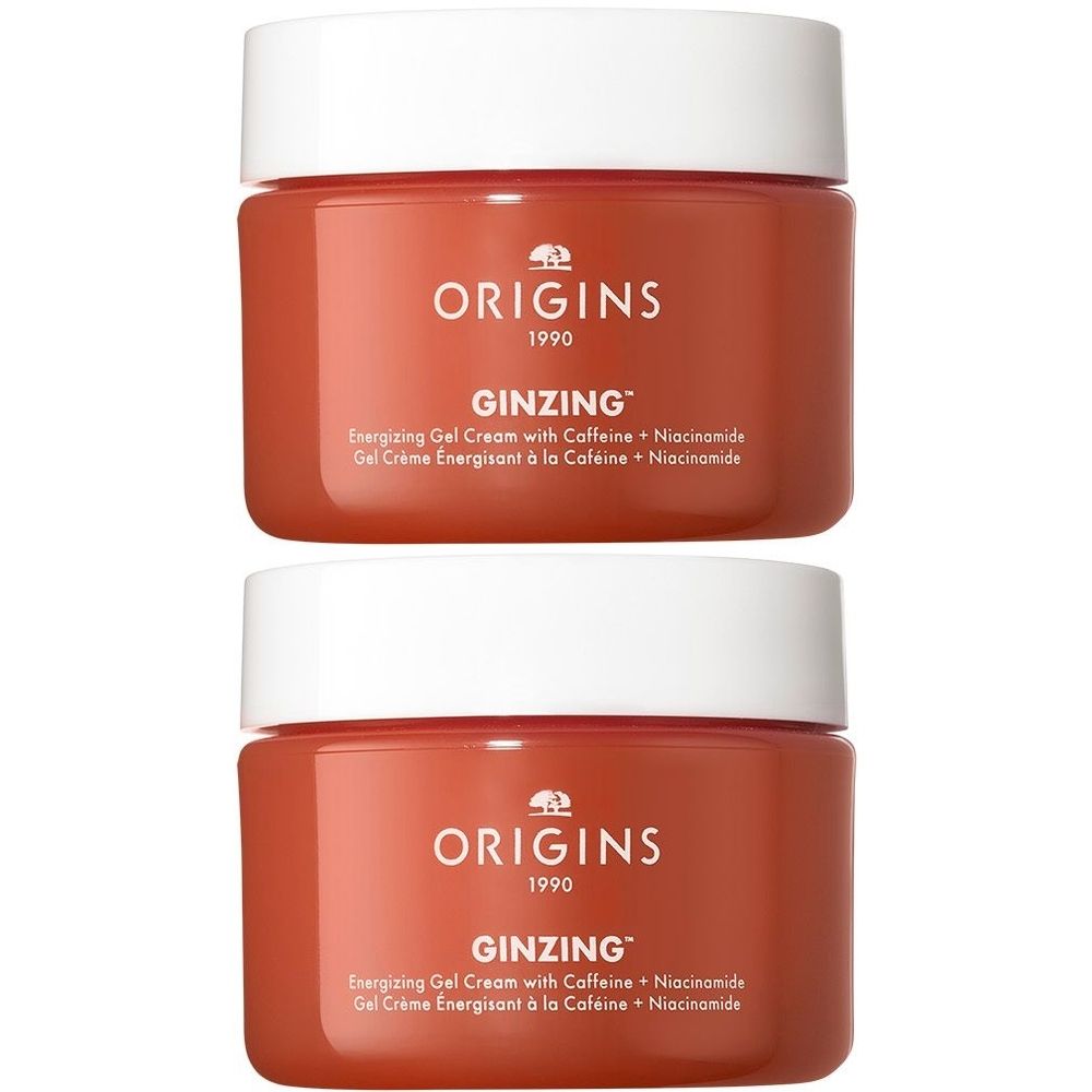 Twee ORIGINS GinZing™ Energizing Gel Cream potten. Rode potten met witte deksels. Tekst: ORIGINS, GINZING™, Energizing Gel Cream.
