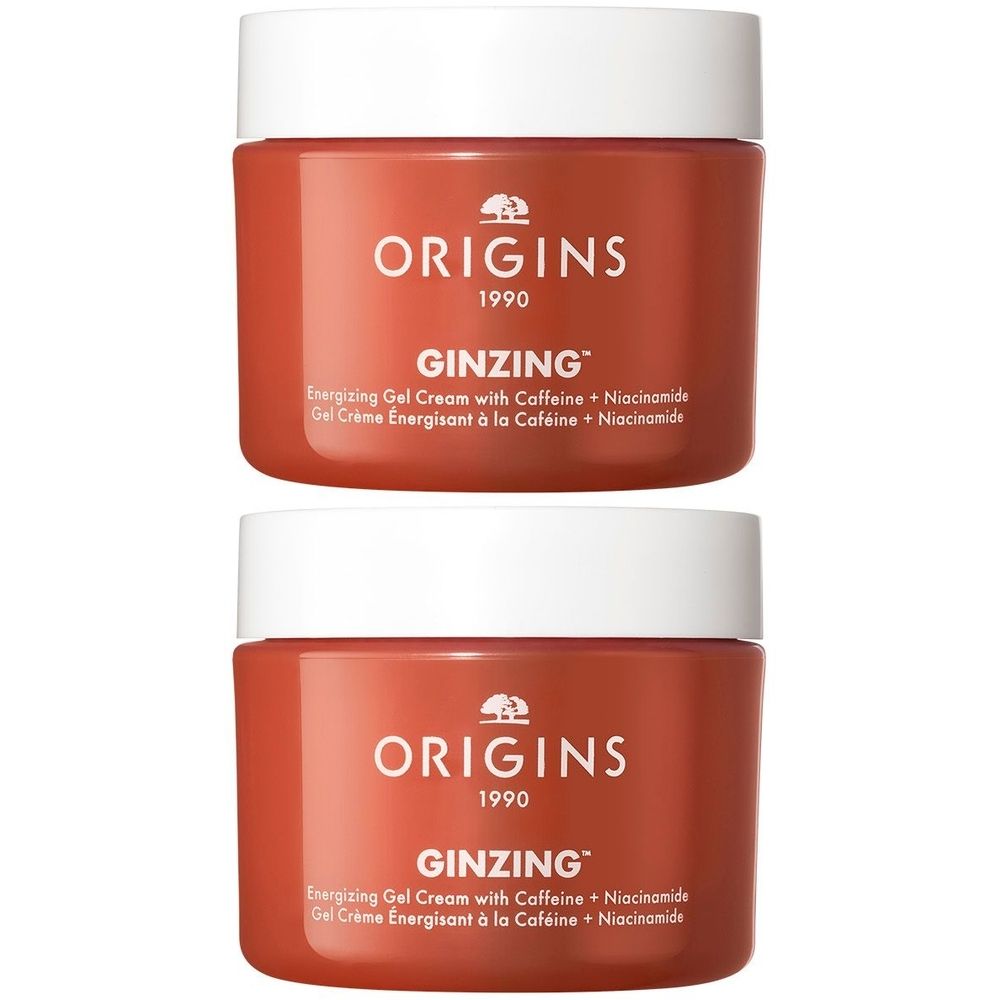 Twee potten ORIGINS GinZing™ Energizing Gel Cream. Rode pot met witte deksel. Productnaam en details op het etiket.