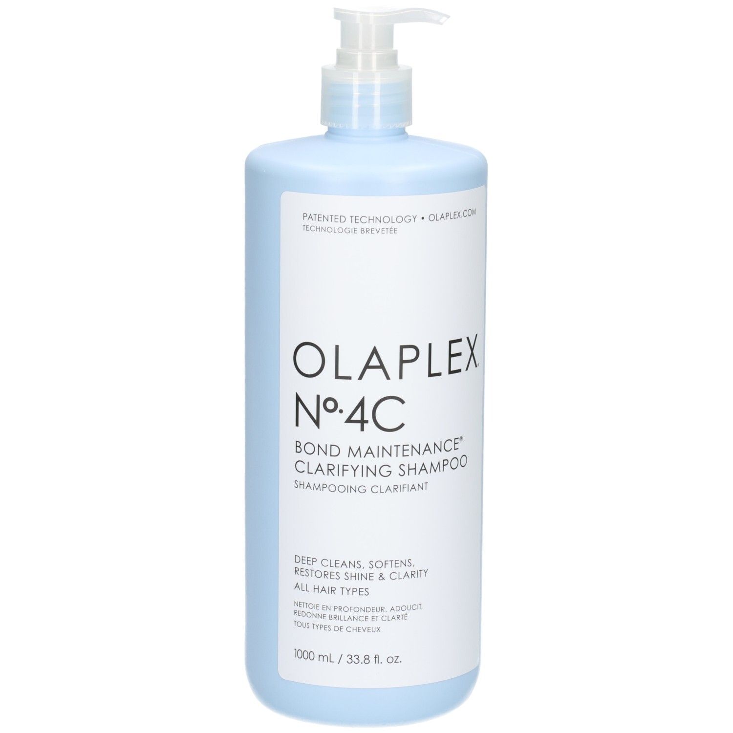 Olaplex Nº.4C Bond Maintenance Clarifying Shampoo in lichtblauwe fles met pompdos.