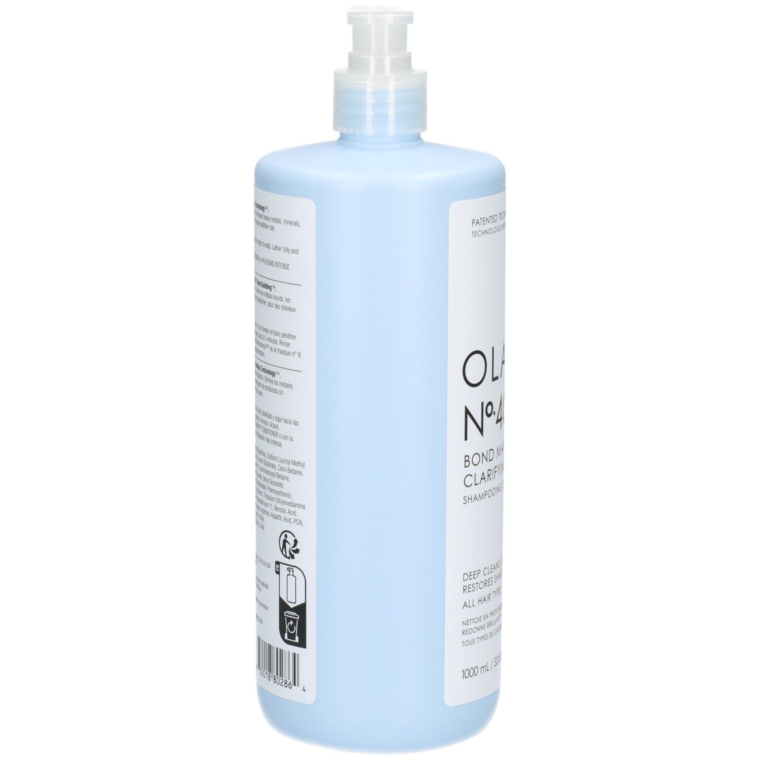 Olaplex Nº.4C Bond Maintenance Clarifying Shampoo, zijaanzicht van de lichtblauwe fles met pompdos.