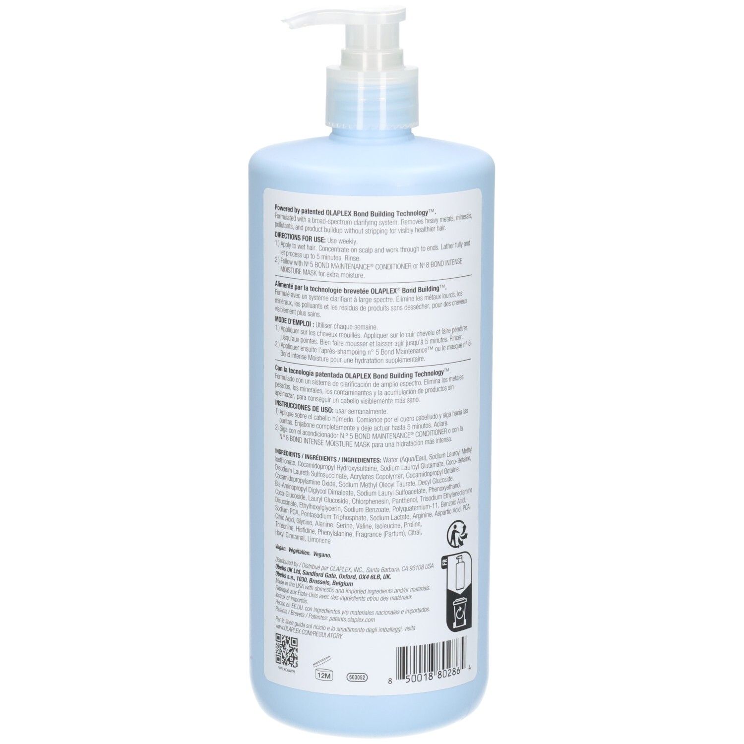 Achterkant van de Olaplex Nº.4C Bond Maintenance Clarifying Shampoo fles met gebruiksinstructies.
