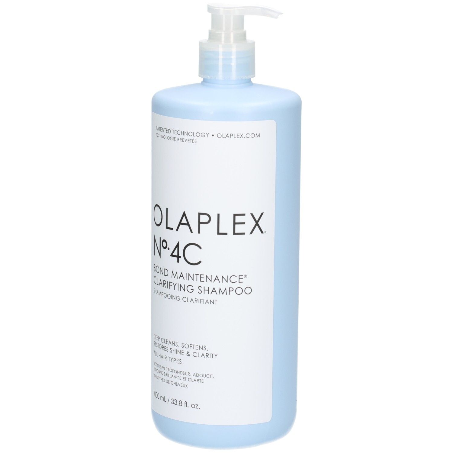 Olaplex Nº.4C Bond Maintenance Clarifying Shampoo in lichtblauwe fles met pompdos, vooraanzicht.