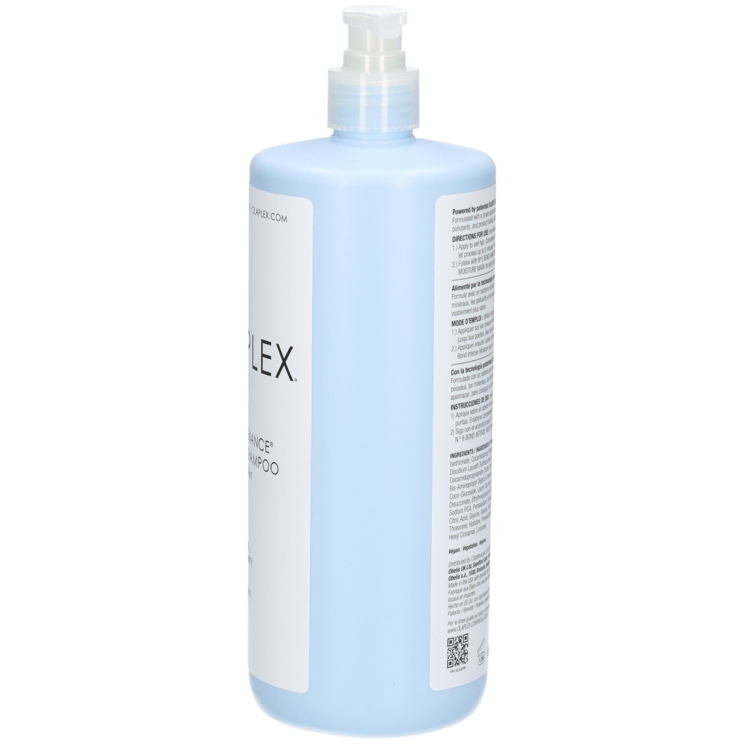 Olaplex Nº.4C Bond Maintenance Clarifying Shampoo, zijaanzicht van de lichtblauwe fles met pompdos.