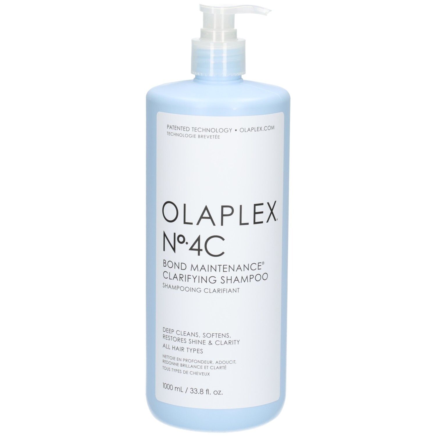 Olaplex Nº.4C Bond Maintenance Clarifying Shampoo in lichtblauwe fles met pompdos.