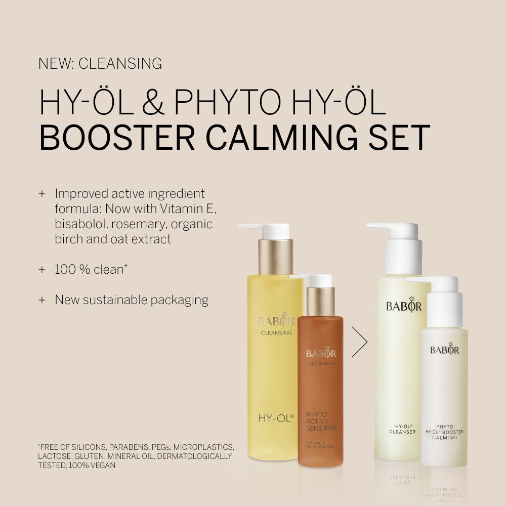 Deux ensembles de produits côte à côte. Gauche : HY-ÖL & Phyto Active Sensitive Set. Droite : HY-ÖL & Phyto HY-ÖL Booster Calming Set.