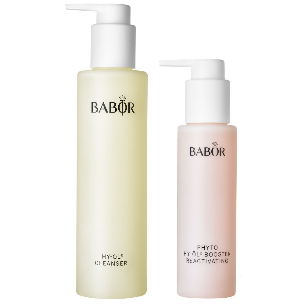 Deux flacons avec pompe. Un jaune, un rose. Inscription: BABOR, HY-OL Cleanser, Phyto HY-OL Booster.