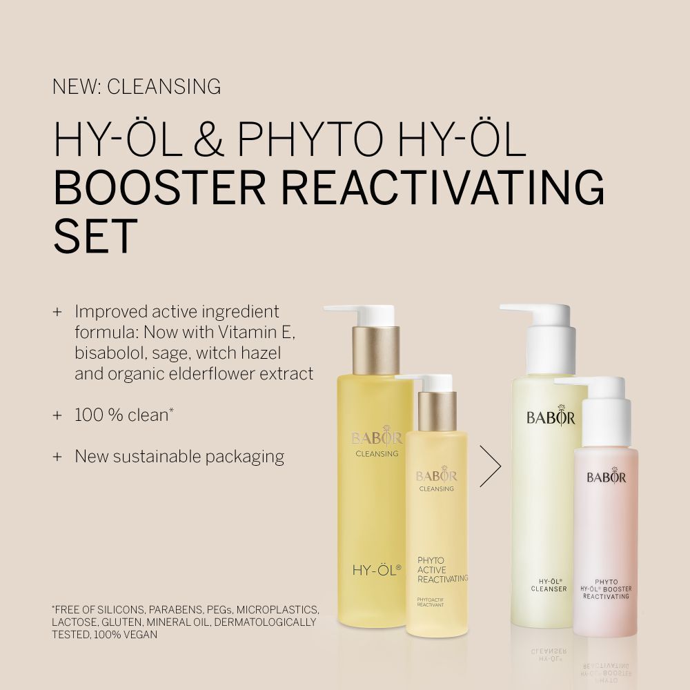 Ensemble de produits avec deux flacons et deux flacons pompe. Contient HY-OL Cleanser et Phyto HY-OL Booster Reactivating.