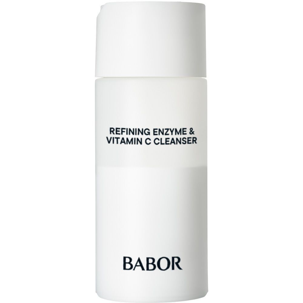 Witte fles met BABOR-logo en productnaam. Cilindrische vorm, witte dop. Opschrift: Refining Enzyme & Vitamin C Cleanser.
