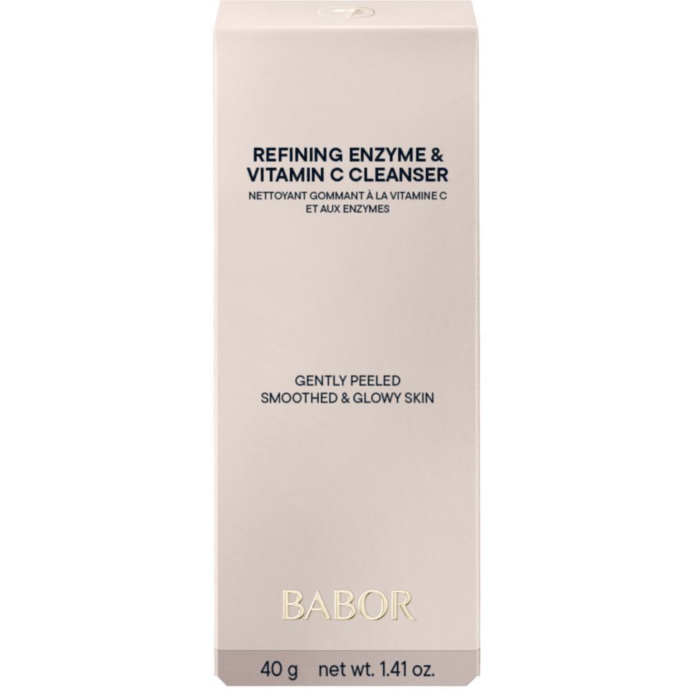 Witte verpakking met BABOR-logo en productnaam. Rechthoekige vorm. Opschrift: Refining Enzyme & Vitamin C Cleanser. 40g.