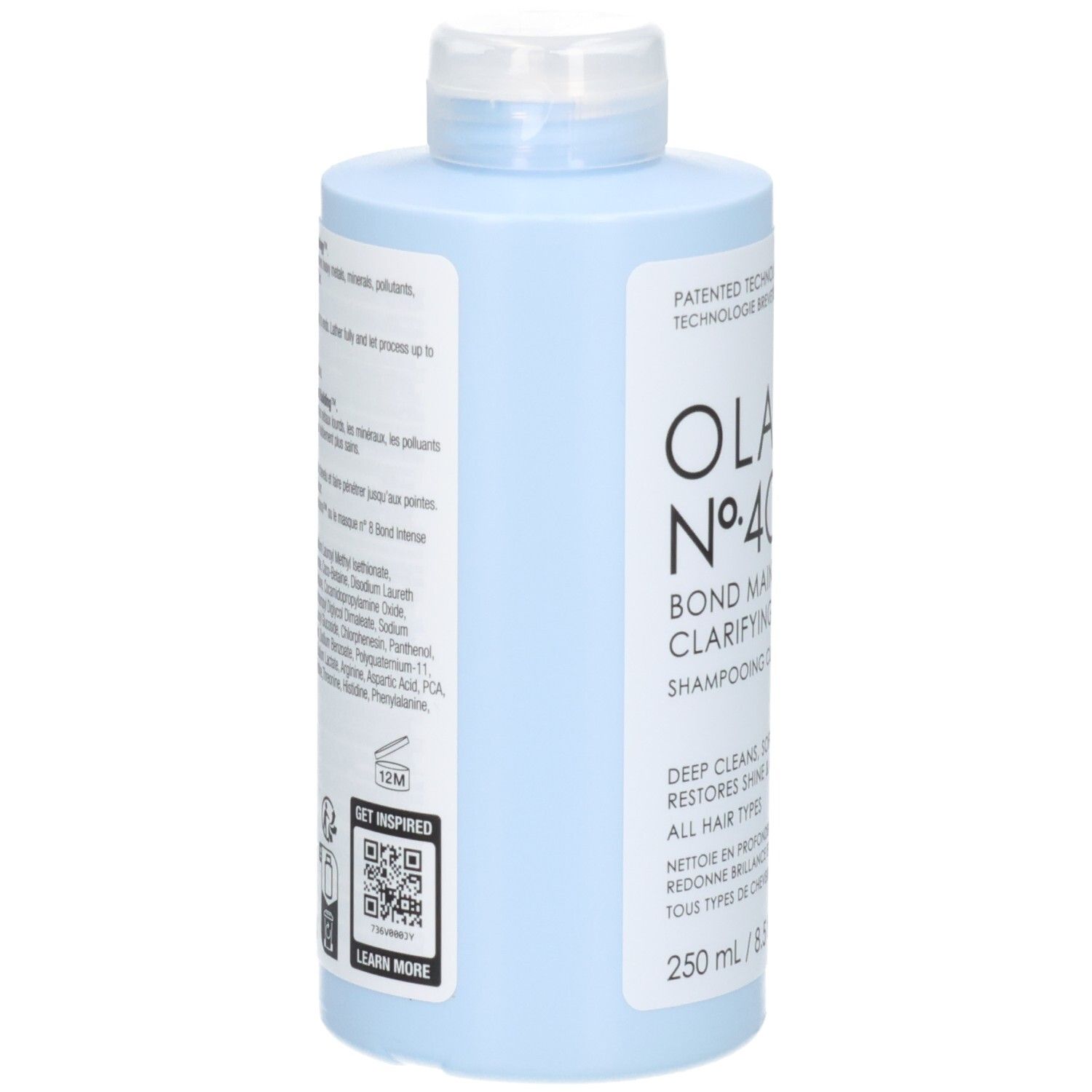 Fles Olaplex No. 4C Bond Maintenance Clarifying Shampoo, achterkant met ingrediënten.