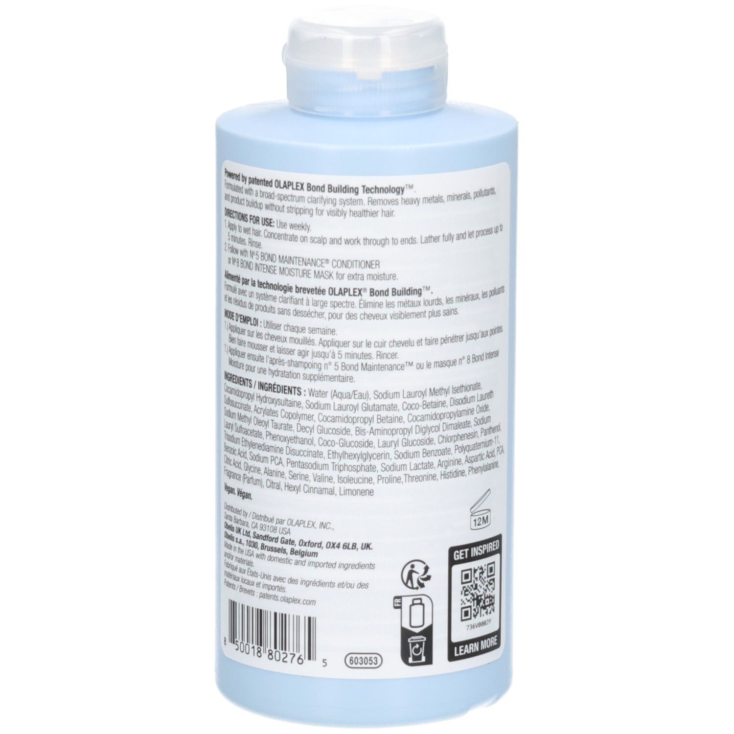 Fles Olaplex No. 4C Bond Maintenance Clarifying Shampoo, achterkant met instructies.