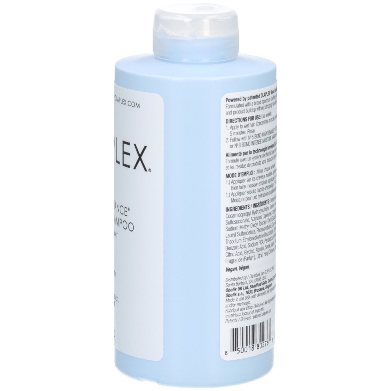 Fles Olaplex No. 4C Bond Maintenance Clarifying Shampoo, zijkant met instructies.