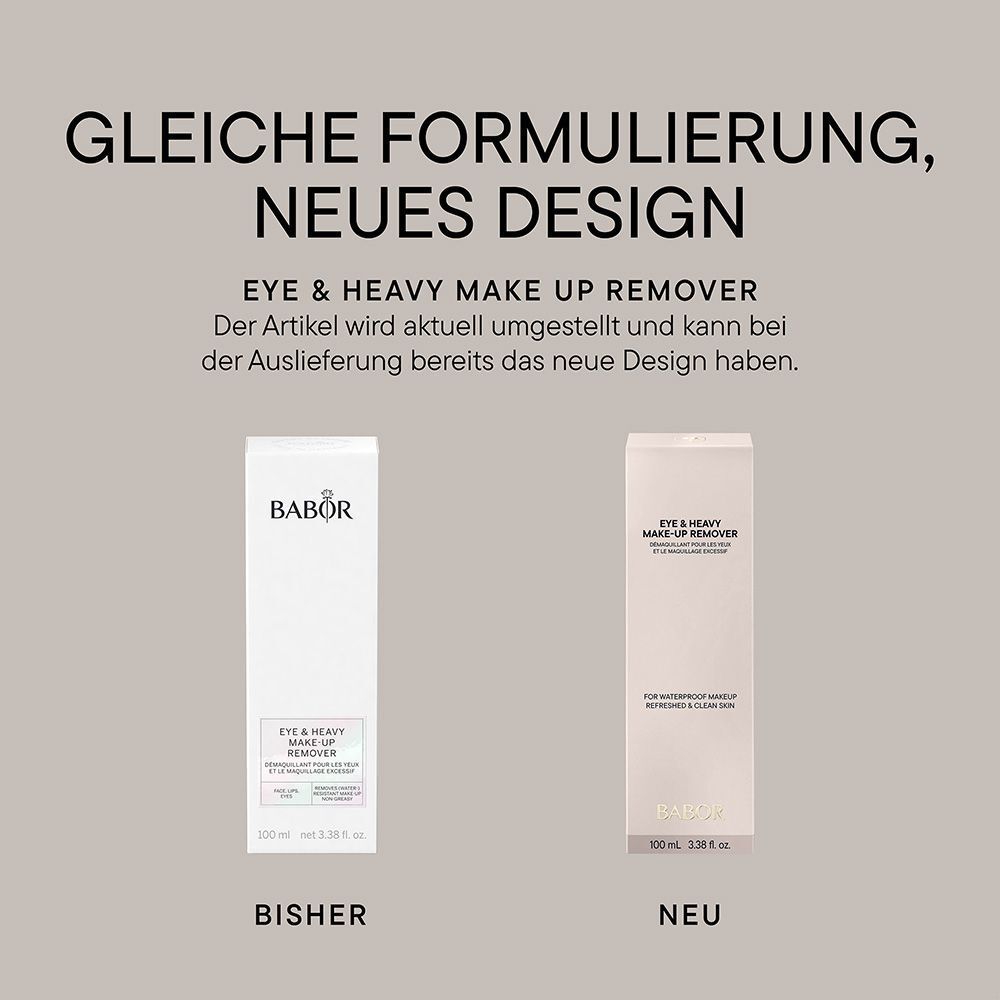 BABOR Eye & Heavy Make Up Remover. Flessen met pomp. Tekst over ingrediënten en verpakking.