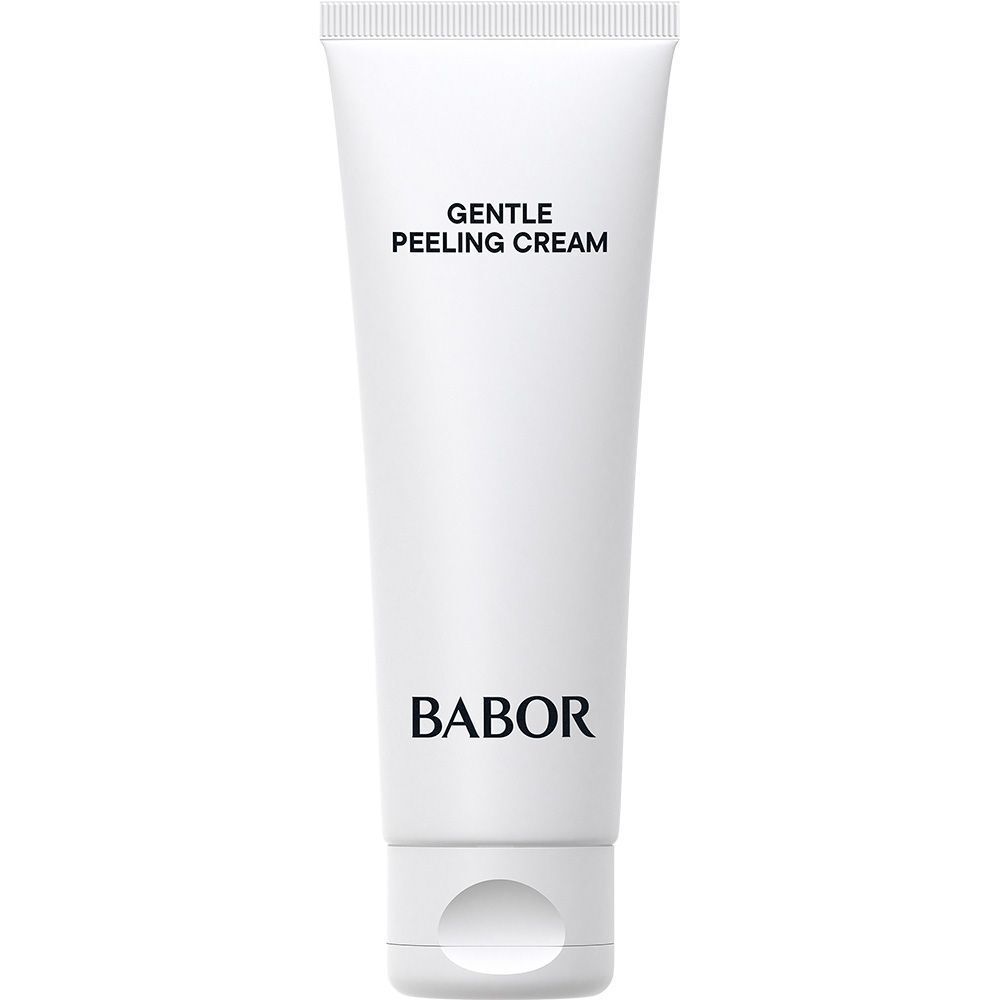 Tube blanc BABOR Gentle Peeling Cream. Bouchon blanc. Logo BABOR en haut.