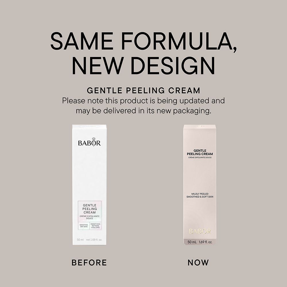 Reclame: Gentle Peeling Cream, nieuwe formule, duurzame verpakking.