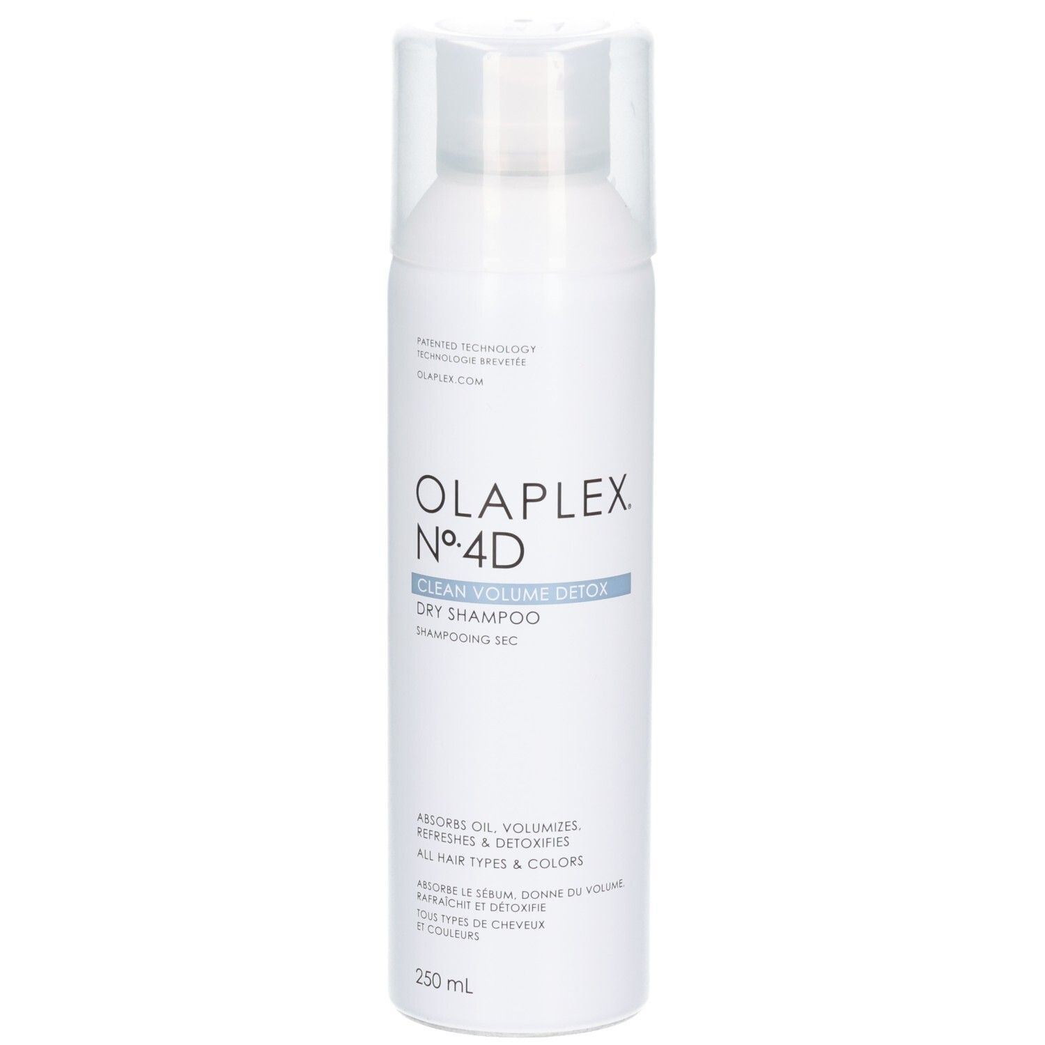 Flacon pulvérisateur blanc avec shampooing sec Olaplex Nº.4D Clean Volume Detox. Vue de face avec le nom du produit et le volume.