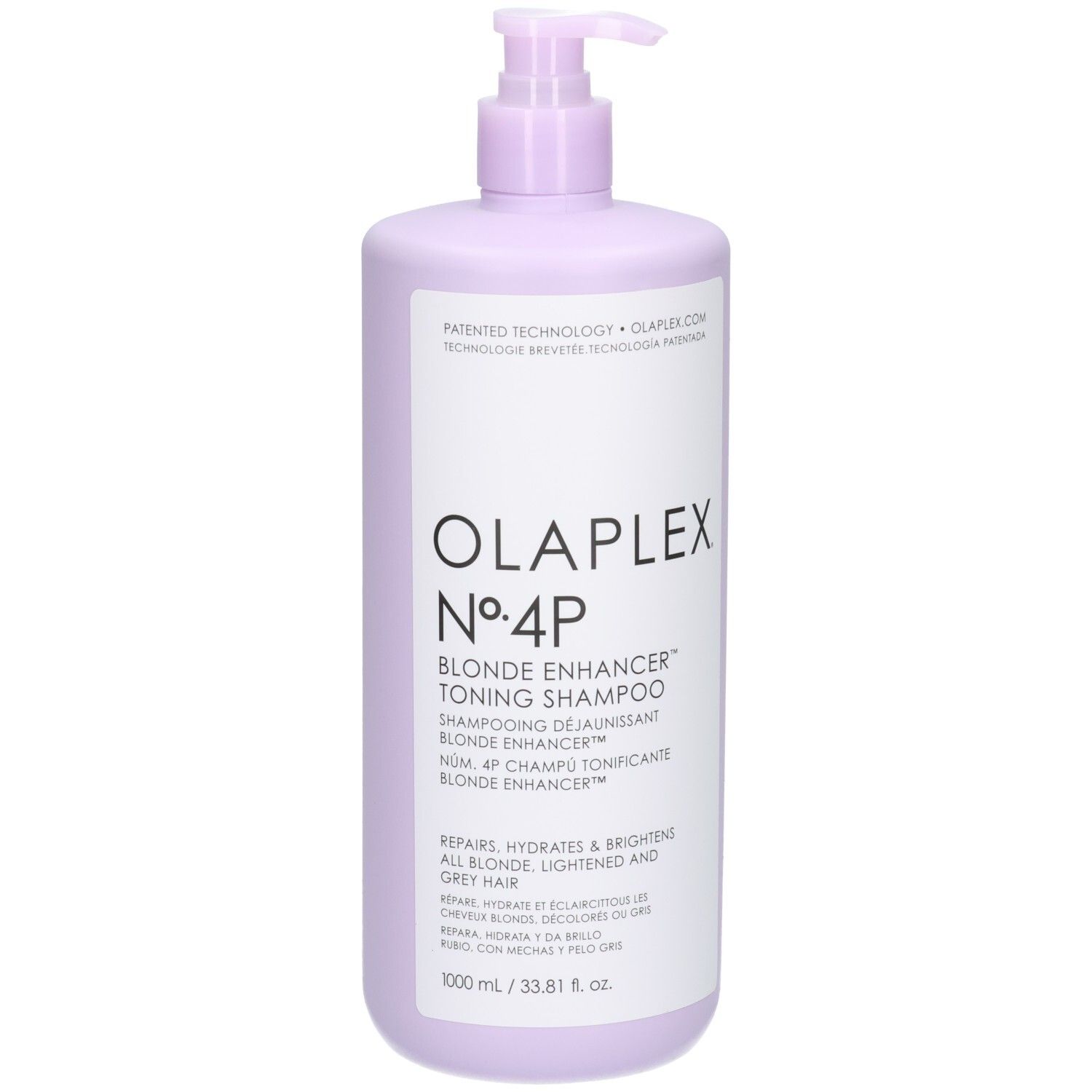 Shampoing déjaunisseur Olaplex N°4P Blonde Enhancer en flacon lilas avec pompe, 1000 ml.