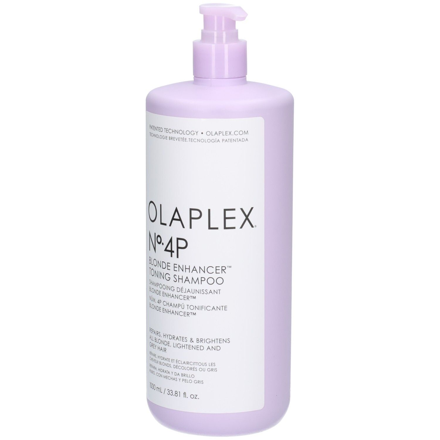 Shampoing déjaunisseur Olaplex N°4P Blonde Enhancer en flacon lilas avec pompe, 1000 ml.