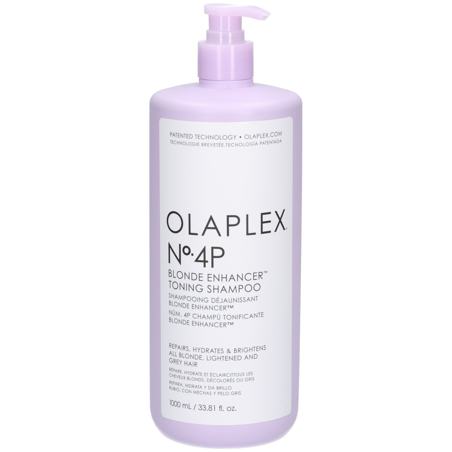 Shampoing déjaunisseur Olaplex N°4P Blonde Enhancer en flacon lilas avec pompe, 1000 ml.
