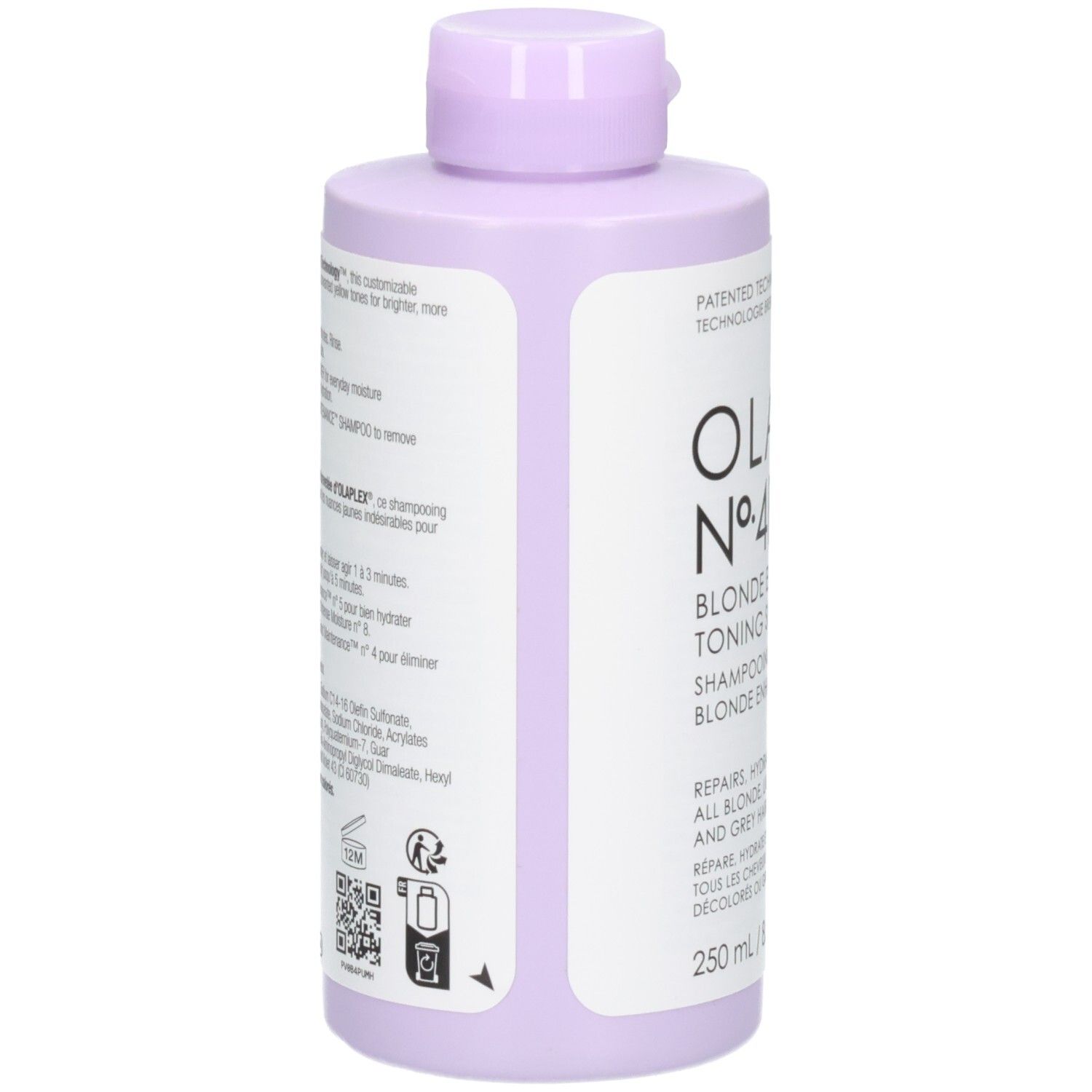Olaplex Nº.4P Blonde Enhancer Toning Shampoo, achterkant met gebruiksinstructies, 250 ml.
