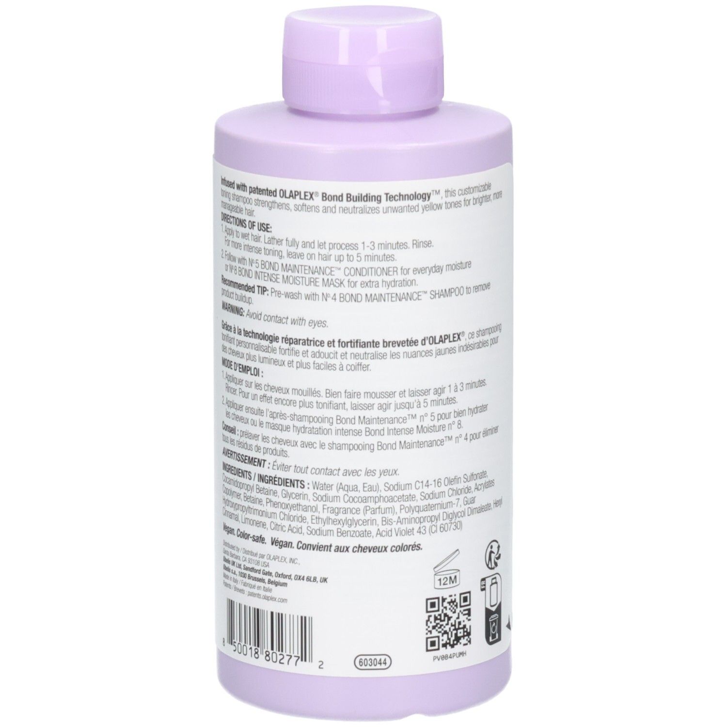Olaplex Nº.4P Blonde Enhancer Toning Shampoo, achterkant met ingrediënten en barcode, 250 ml.