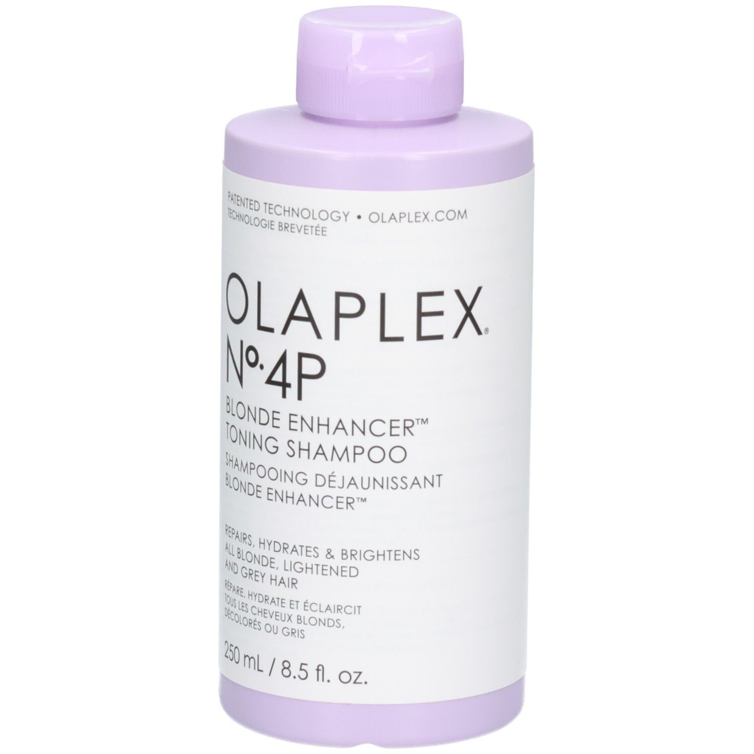 Olaplex Nº.4P Blonde Enhancer Toning Shampoo in lila fles, voorkant, 250 ml.