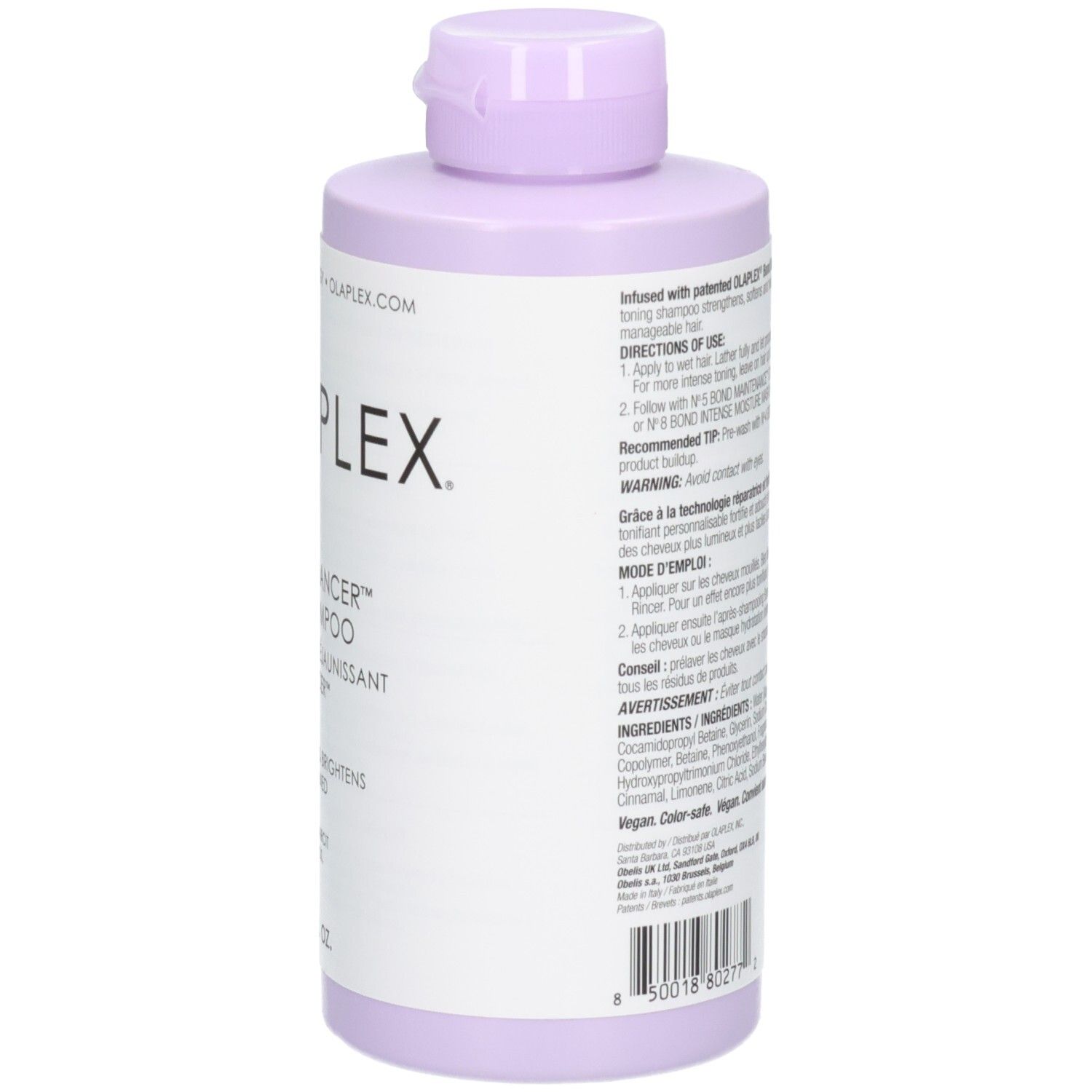 Olaplex Nº.4P Blonde Enhancer Toning Shampoo, zijkant met gebruiksinstructies, 250 ml.