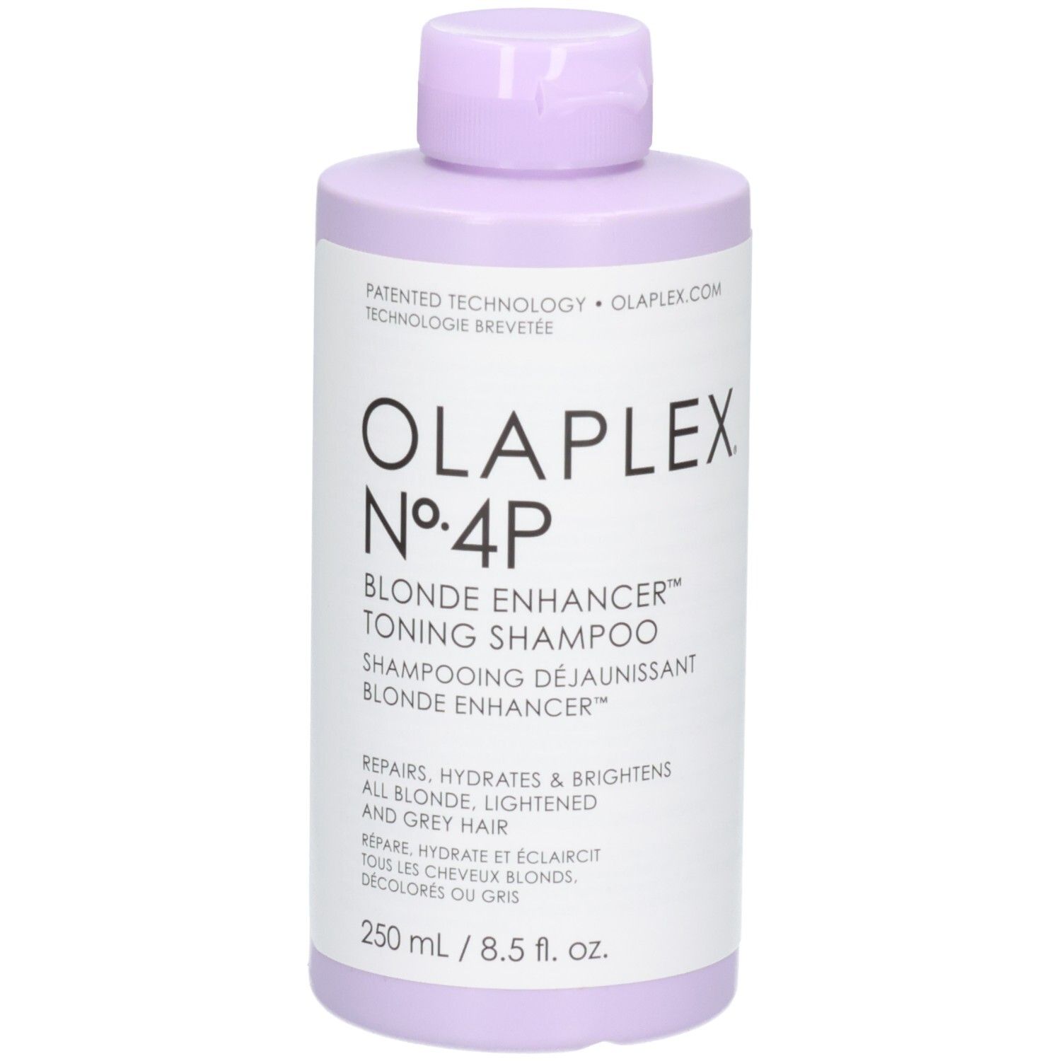 Olaplex Nº.4P Blonde Enhancer Toning Shampoo, voorkant met productinformatie, 250 ml.