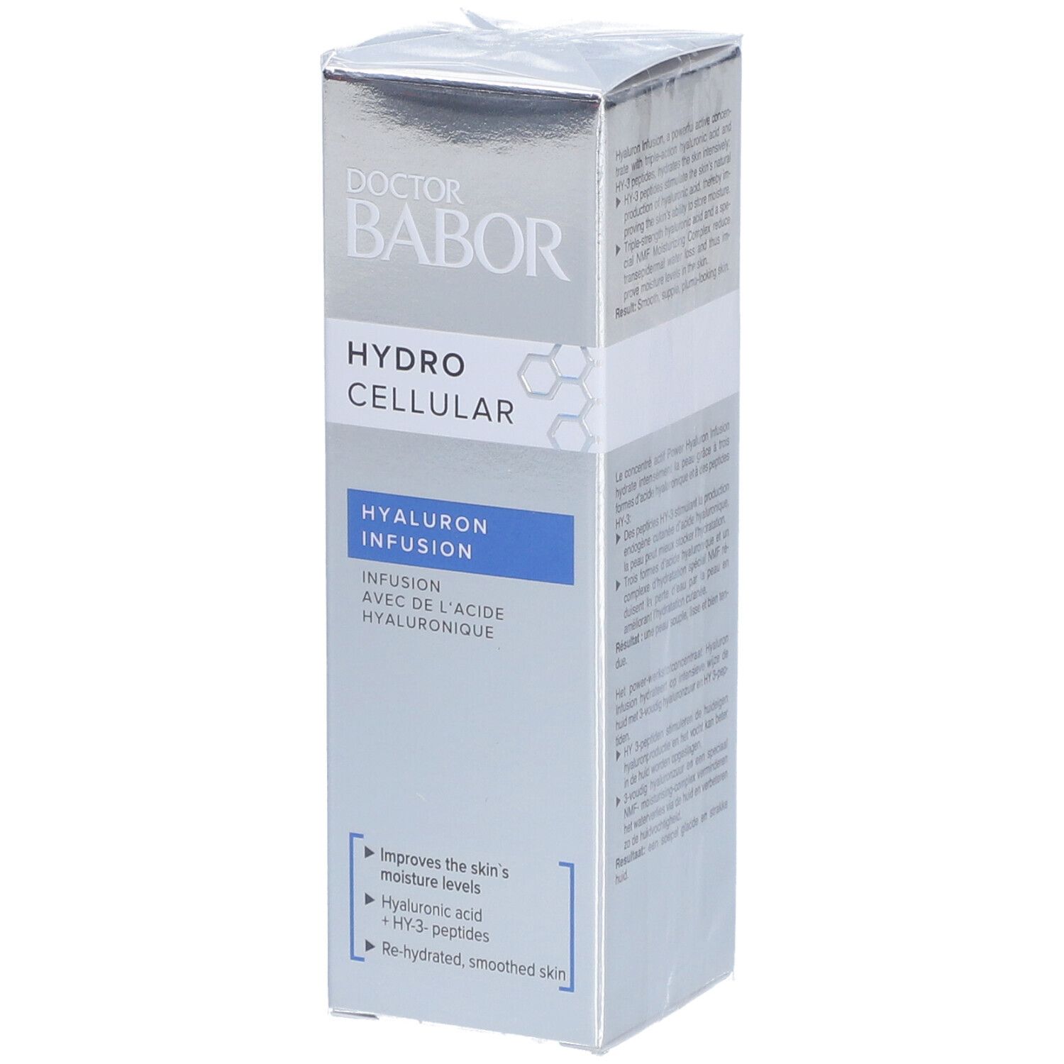 Doos met productopdrukken. Opschrift: DOCTOR BABOR, HYDRO CELLULAR, HYALURON INFUSION. Blauwe accenten.
