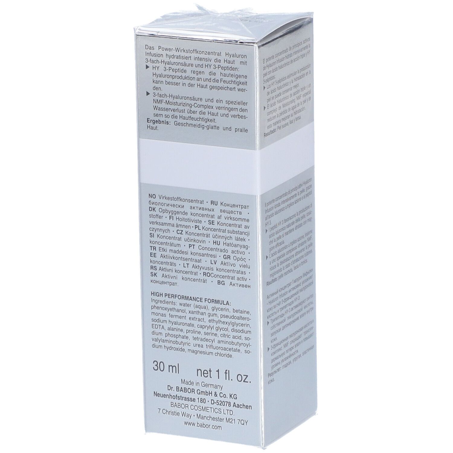 Doos, zijaanzicht. Tekst in meerdere talen. Opschrift: 30 ml net 1 fl. oz. Made in Germany. Dr. BABOR.